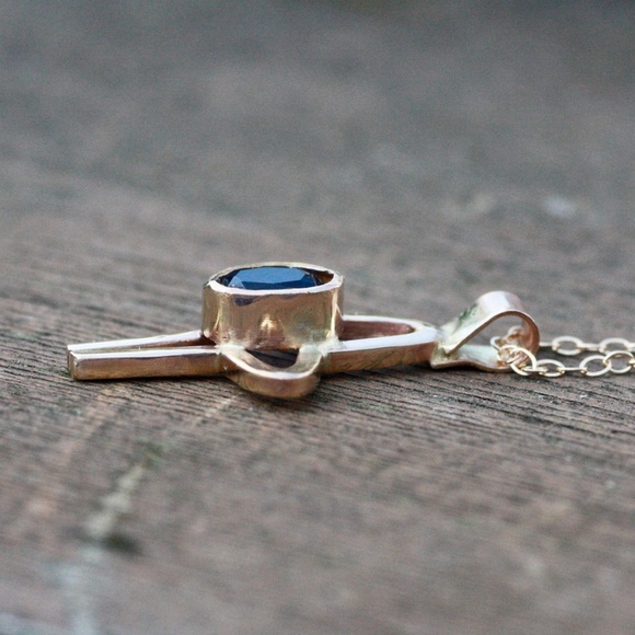 Blue Sapphire Cross Pendant Solid 14K Gold, September Birthday - no chain - Picture 3 of 9